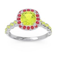 Peridot Ring In 14k White Gold With Ruby Vanam Cushion Modern Ring
