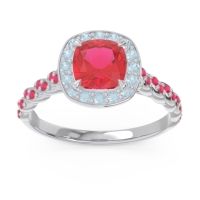 Lab Ruby Ring In Palladium With Aquamarine And Ruby Vanam Cushion Modern Ring