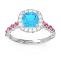 Swiss Blue Topaz Ring In Palladium With Diamond And Ruby Vanam Cushion Modern Ring
