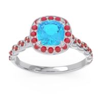 Swiss Blue Topaz Ring In Palladium With Ruby And Garnet Vanam Cushion Modern Ring
