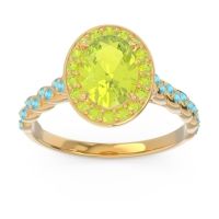Peridot Ring In 14k Yellow Gold With Swiss Blue Topaz Mahavanna Oval Halo Ring