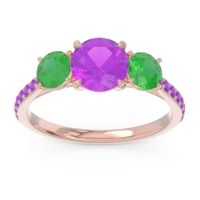 Amethyst Ring In 18K Rose Gold With Emerald Trivisti Round Three-stone Ring