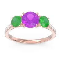 Amethyst Ring In 18K Rose Gold With Emerald And Lab Diamond Trivisti Round Three-stone Ring