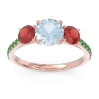 Aquamarine Ring In 18K Rose Gold With Garnet And Emerald Trivisti Round Three-stone Ring