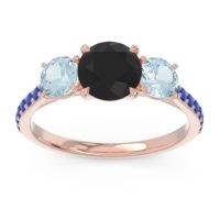 Black Onyx Ring In 14K Rose Gold With Aquamarine And Blue Sapphire Trivisti Round Three-stone Ring
