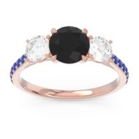Black Onyx Ring In 18K Rose Gold With Lab Diamond And Blue Sapphire Trivisti Round Three-stone Ring