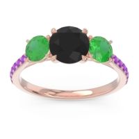 Black Onyx Ring In 18K Rose Gold With Emerald And Amethyst Trivisti Round Three-stone Ring