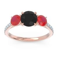 Black Onyx Ring In 14K Rose Gold With Ruby And Aquamarine Trivisti Round Three-stone Ring