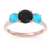 Black Onyx Ring In 18K Rose Gold With Swiss Blue Topaz And Lab Diamond Trivisti Round Three-stone Ring