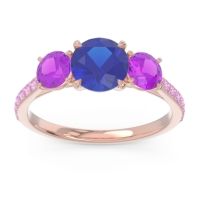 Lab Blue Sapphire Ring In 14K Rose Gold With Amethyst And Pink Tourmaline Trivisti Round Three-stone Ring
