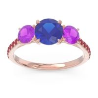 Lab Blue Sapphire Ring In 14K Rose Gold With Amethyst And Ruby Trivisti Round Three-stone Ring