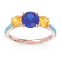 Lab Blue Sapphire Ring In 18K Rose Gold With Citrine And Swiss Blue Topaz Trivisti Round Three-stone Ring