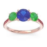 Lab Blue Sapphire Ring In 14K Rose Gold With Emerald And Ruby Trivisti Round Three-stone Ring