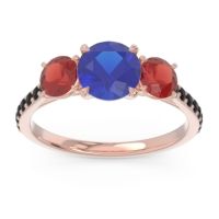 Lab Blue Sapphire Ring In 18K Rose Gold With Garnet And Black Onyx Trivisti Round Three-stone Ring