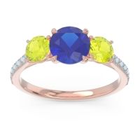 Lab Blue Sapphire Ring In 14K Rose Gold With Peridot And Aquamarine Trivisti Round Three-stone Ring