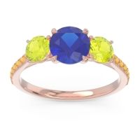 Lab Blue Sapphire Ring In 14K Rose Gold With Peridot And Citrine Trivisti Round Three-stone Ring