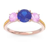 Lab Blue Sapphire Ring In 14K Rose Gold With Pink Tourmaline And Citrine Trivisti Round Three-stone Ring