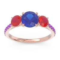 Lab Blue Sapphire Ring In 14K Rose Gold With Ruby And Amethyst Trivisti Round Three-stone Ring