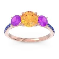 Citrine Ring In 18K Rose Gold With Amethyst And Blue Sapphire Trivisti Round Three-stone Ring