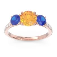 Citrine Engagement Ring In 14K Rose Gold With Blue Sapphire And Diamond - Trivisti Round Three-stone Ring