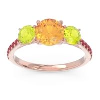 Citrine Ring In 14K Rose Gold With Peridot And Ruby Trivisti Round Three-stone Ring