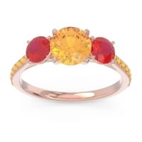 Citrine Ring In 18K Rose Gold With Ruby Trivisti Round Three-stone Ring