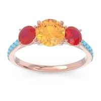 Citrine Ring In 18K Rose Gold With Ruby And Swiss Blue Topaz Trivisti Round Three-stone Ring