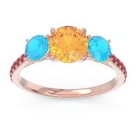 Citrine Ring In 14K Rose Gold With Swiss Blue Topaz And Ruby Trivisti Round Three-stone Ring
