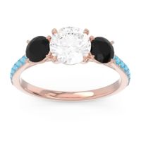 Lab Diamond Ring In 14K Rose Gold With Black Onyx And Swiss Blue Topaz Trivisti Round Three-stone Ring