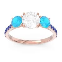 Lab Diamond Ring In 18K Rose Gold With Swiss Blue Topaz And Blue Sapphire Trivisti Round Three-stone Ring
