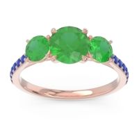 Emerald Ring In 14K Rose Gold With Blue Sapphire Trivisti Round Three-stone Ring