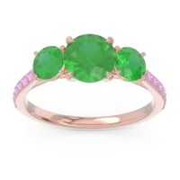 Emerald Ring In 14K Rose Gold With Pink Tourmaline Trivisti Round Three-stone Ring