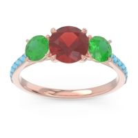 Garnet Ring In 18K Rose Gold With Emerald And Swiss Blue Topaz Trivisti Round Three-stone Ring