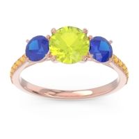Peridot Ring In 14K Rose Gold With Blue Sapphire And Citrine Trivisti Round Three-stone Ring