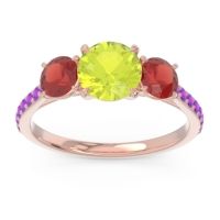 Peridot Ring In 18K Rose Gold With Garnet And Amethyst Trivisti Round Three-stone Ring