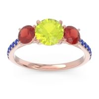 Peridot Ring In 14K Rose Gold With Garnet And Blue Sapphire Trivisti Round Three-stone Ring