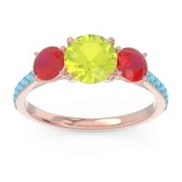 Peridot Ring In 18K Rose Gold With Ruby And Swiss Blue Topaz Trivisti Round Three-stone Ring