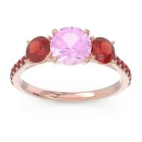 Pink Tourmaline Ring In 14K Rose Gold With Garnet Trivisti Round Three-stone Ring