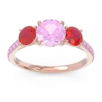 Pink Tourmaline Ring In 14K Rose Gold With Ruby Trivisti Round Three-stone Ring