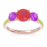 Lab Ruby Ring In 18K Rose Gold With Amethyst And Peridot Trivisti Round Three-stone Ring