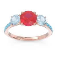 Lab Ruby Ring In 14K Rose Gold With Aquamarine And Swiss Blue Topaz Trivisti Round Three-stone Ring