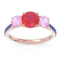 Ruby Ring In 14K Rose Gold With Pink Tourmaline And Blue Sapphire Trivisti Round Three-stone Ring