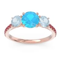 Swiss Blue Topaz Ring In 18K Rose Gold With Aquamarine And Ruby Trivisti Round Three-stone Ring
