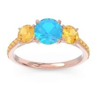 Swiss Blue Topaz Ring In 18K Rose Gold With Citrine Trivisti Round Three-stone Ring