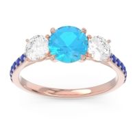 Swiss Blue Topaz Ring In 18K Rose Gold With Lab Diamond And Blue Sapphire Trivisti Round Three-stone Ring