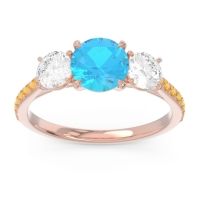 Swiss Blue Topaz Ring In 14K Rose Gold With Diamond And Citrine Trivisti Round Three-stone Ring