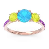 Swiss Blue Topaz Ring In 18K Rose Gold With Peridot And Amethyst Trivisti Round Three-stone Ring