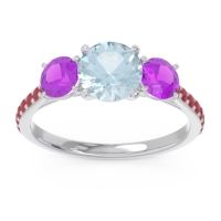 Aquamarine Ring In Palladium With Amethyst And Ruby Trivisti Round Three-stone Ring
