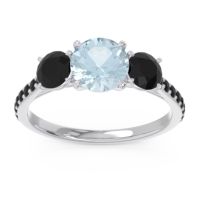 Aquamarine Ring In 18k White Gold With Black Onyx Trivisti Round Three-stone Ring