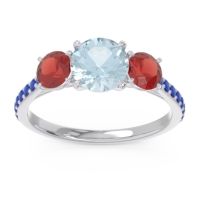 Aquamarine Ring In Palladium With Garnet And Blue Sapphire Trivisti Round Three-stone Ring